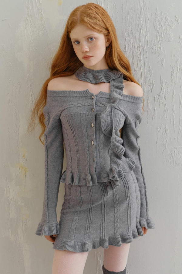 니트 탑 A라인 스커트 & 스카프 세트 