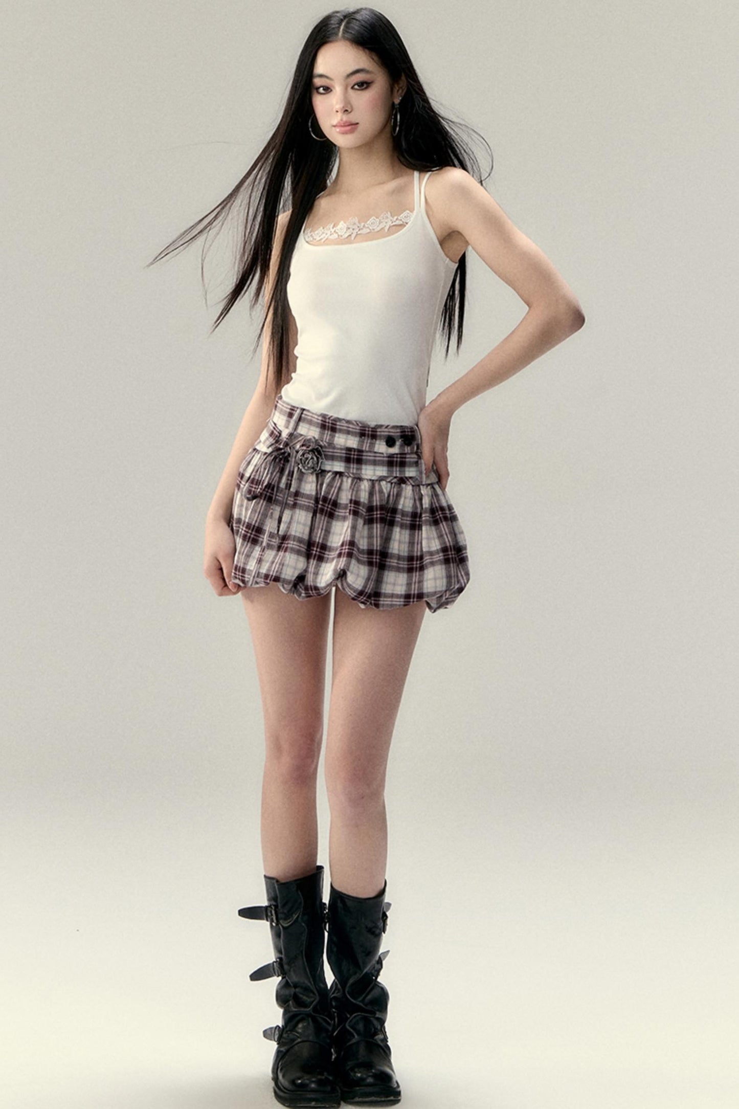 Plaid Fluffy Skirt & Shirt Set-Up