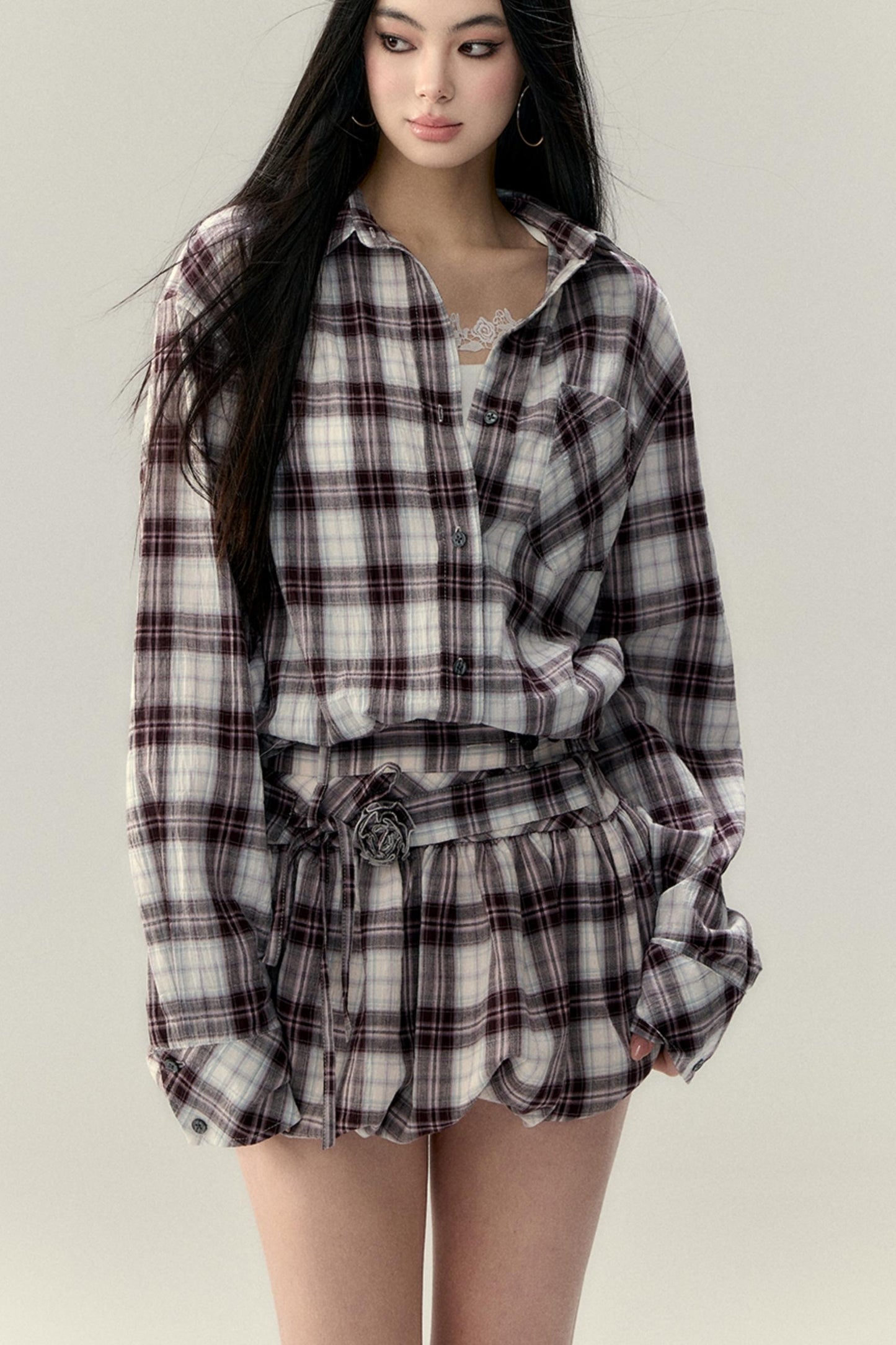 Plaid Fluffy Skirt & Shirt Set-Up