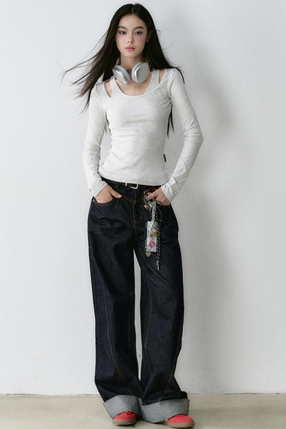 Base Shirt & Loose Cuffed Jeans Set-Up