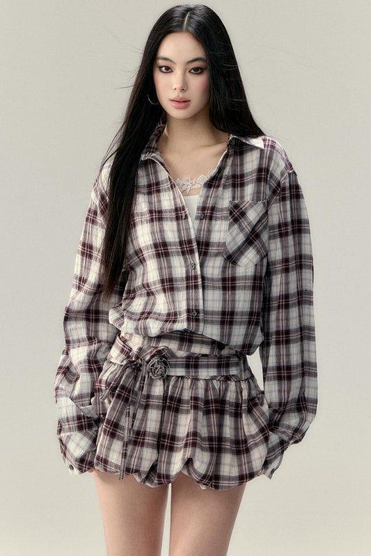 Plaid Fluffy Skirt & Shirt Set-Up