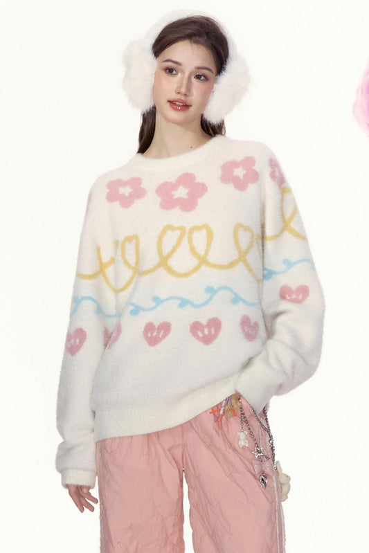 AYF|"Traveling in the Sea of Flowers" Herbst und Winter, süß und niedlich, Retro-Stil, entspannt, locker Crewneck Pullover Frau