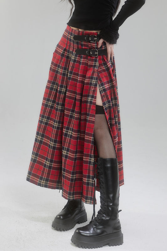 Plaid A-Line Slit Long Skirt