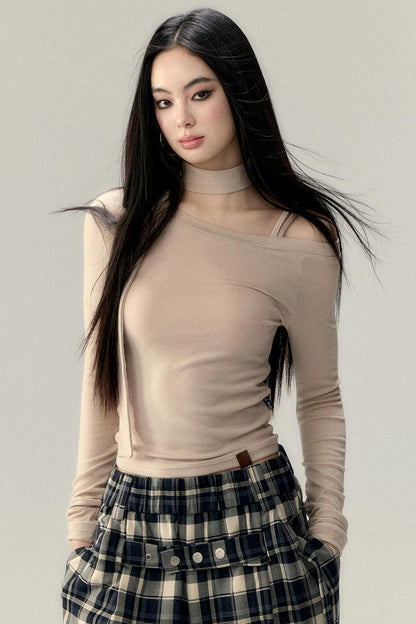 Hollowed-Out Shoulder Tencel Top