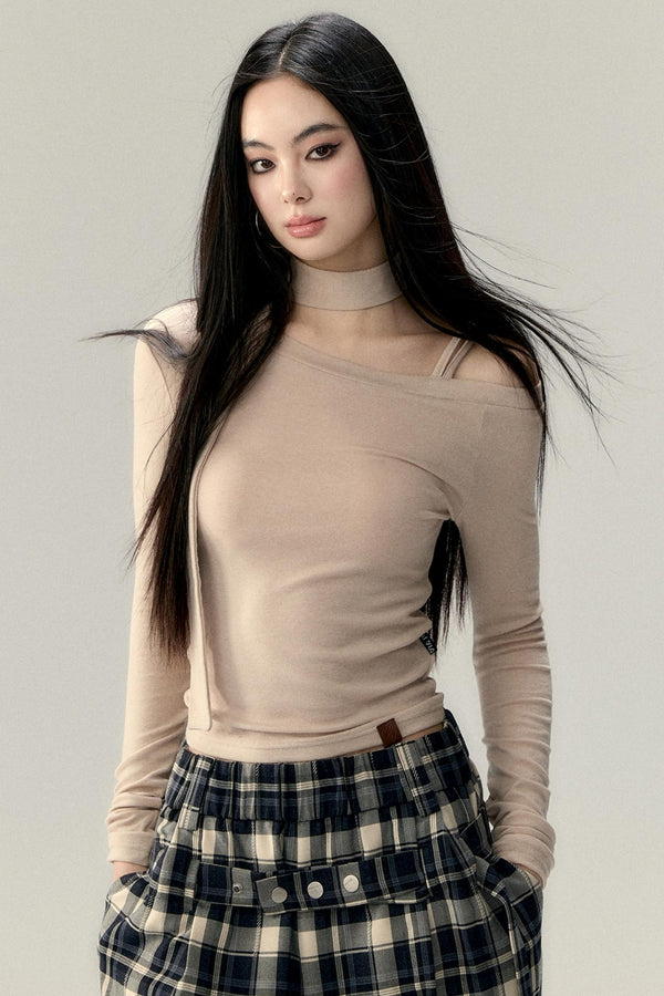 Hollowed-Out Shoulder Tencel Top