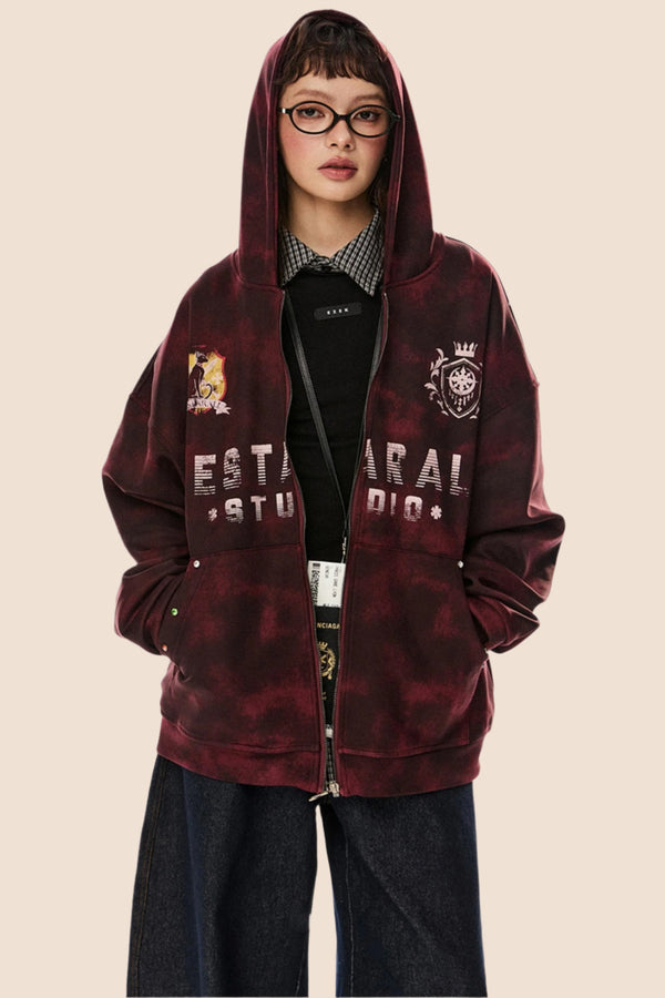 Tie-Dye Badge Hooded Cardigan Jacket