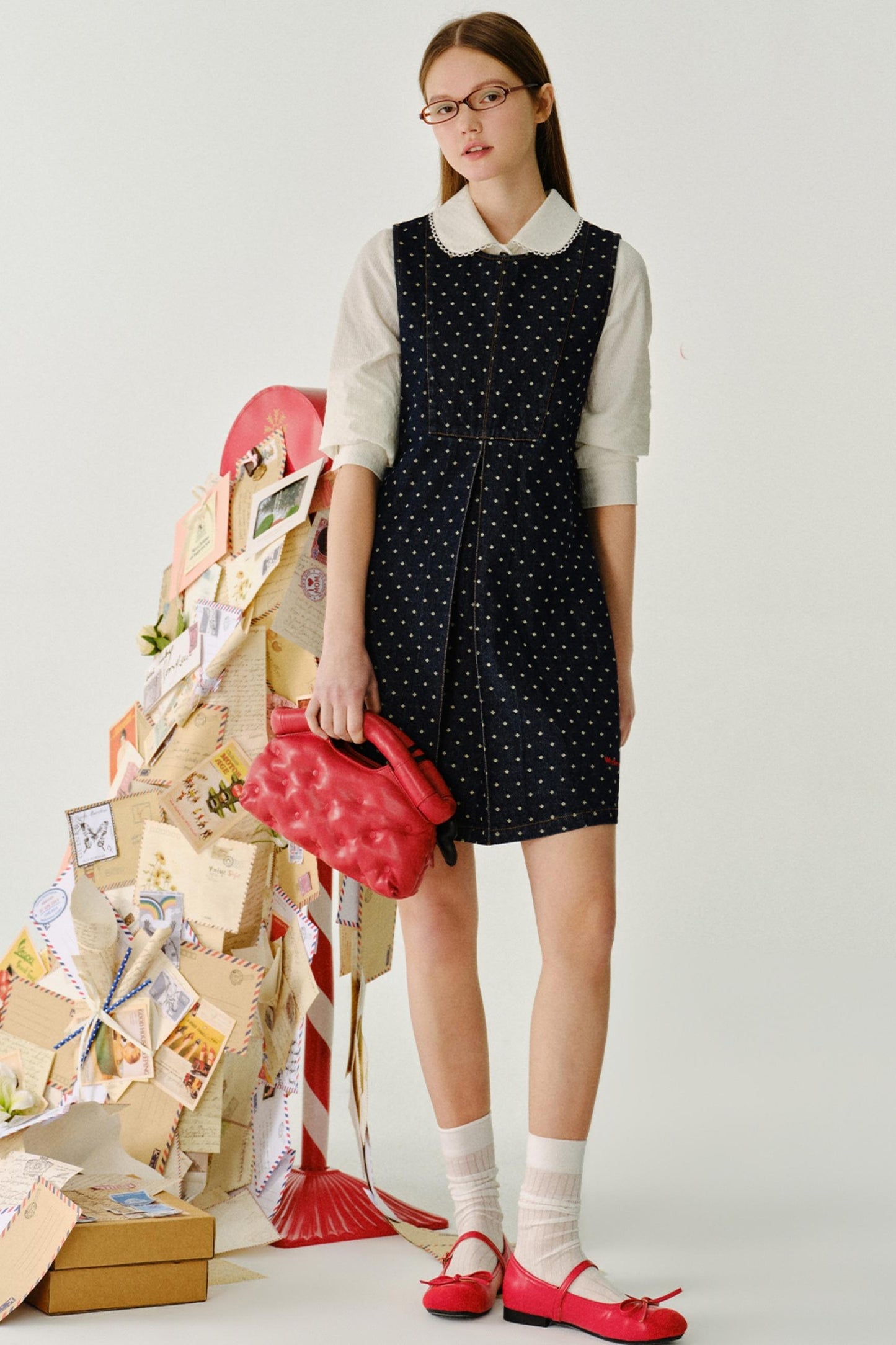 폴카 도트 민소매 데님 드레스 