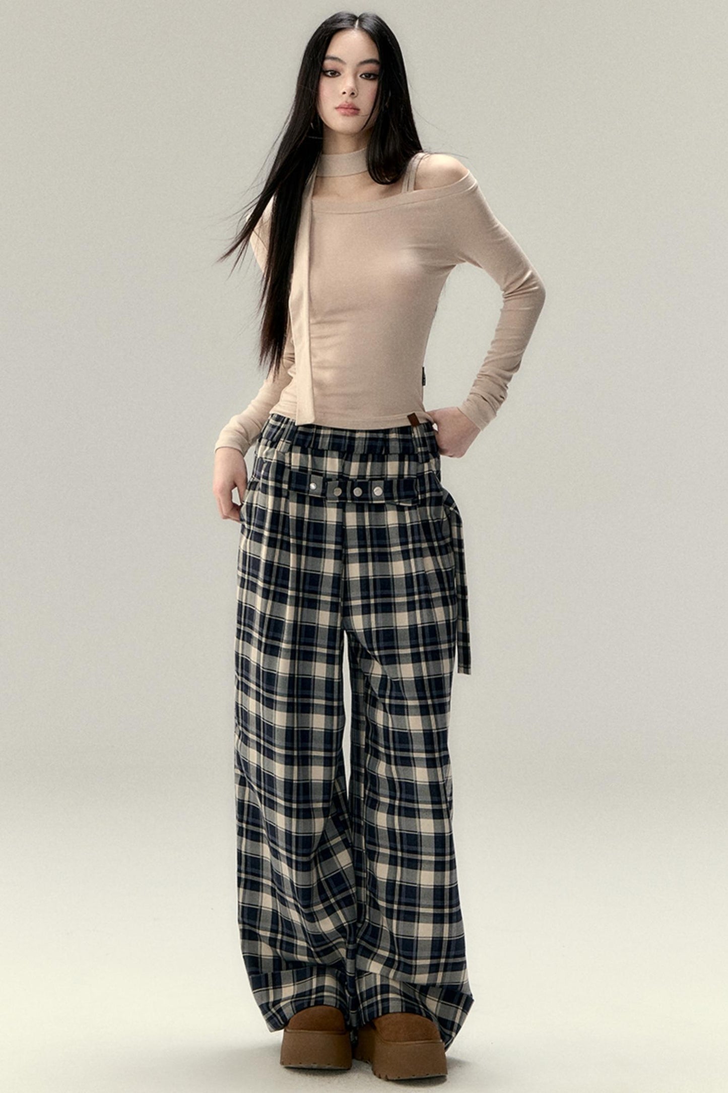 Plaid Belted Straight Leg Pants