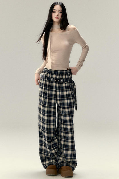 Plaid Belted Straight Leg Pants