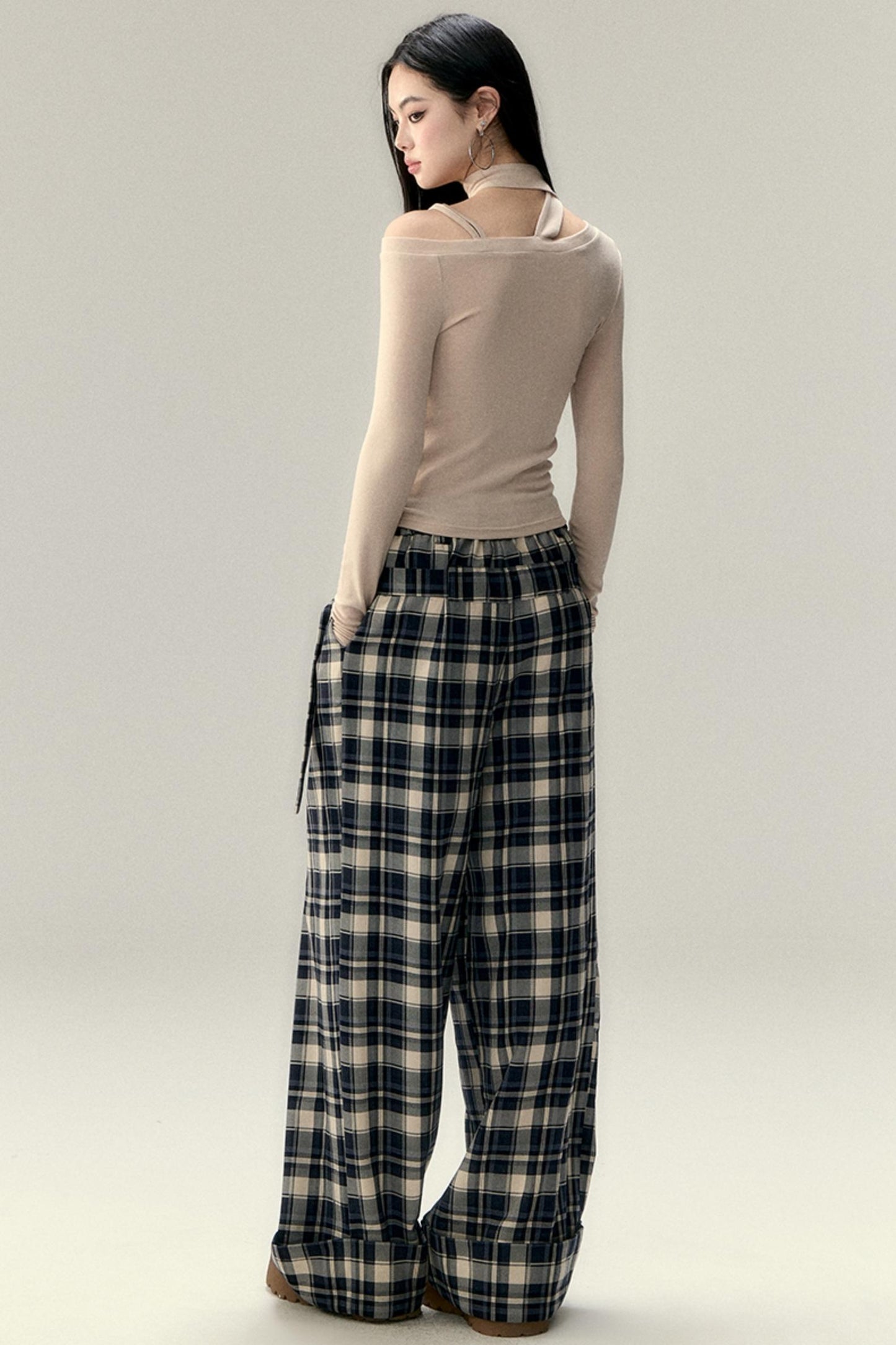 Plaid Belted Straight Leg Pants