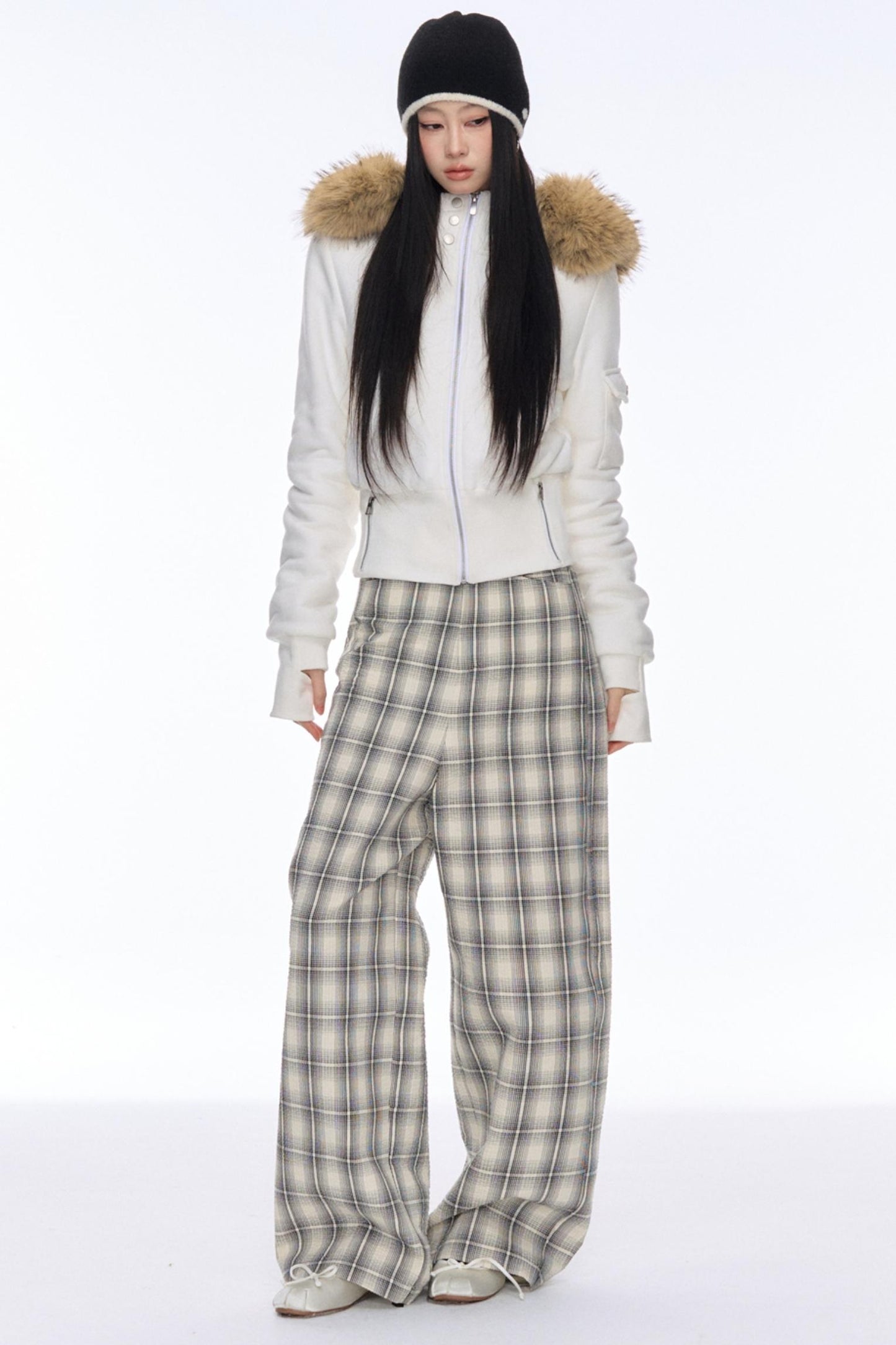 Slim Draped Plaid Wide-Leg Pants