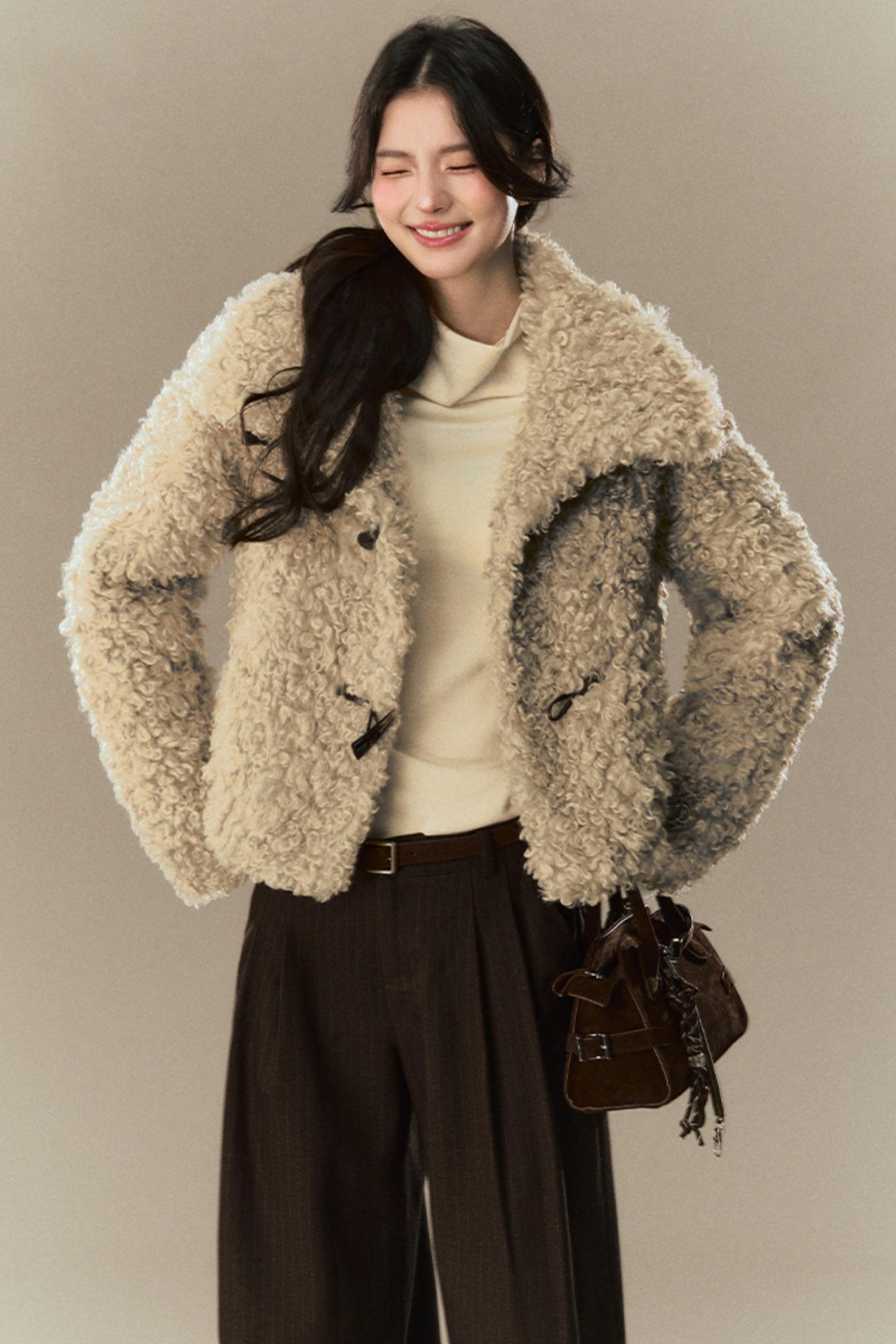 Horn Button Fur Cropped Lapel Jacket