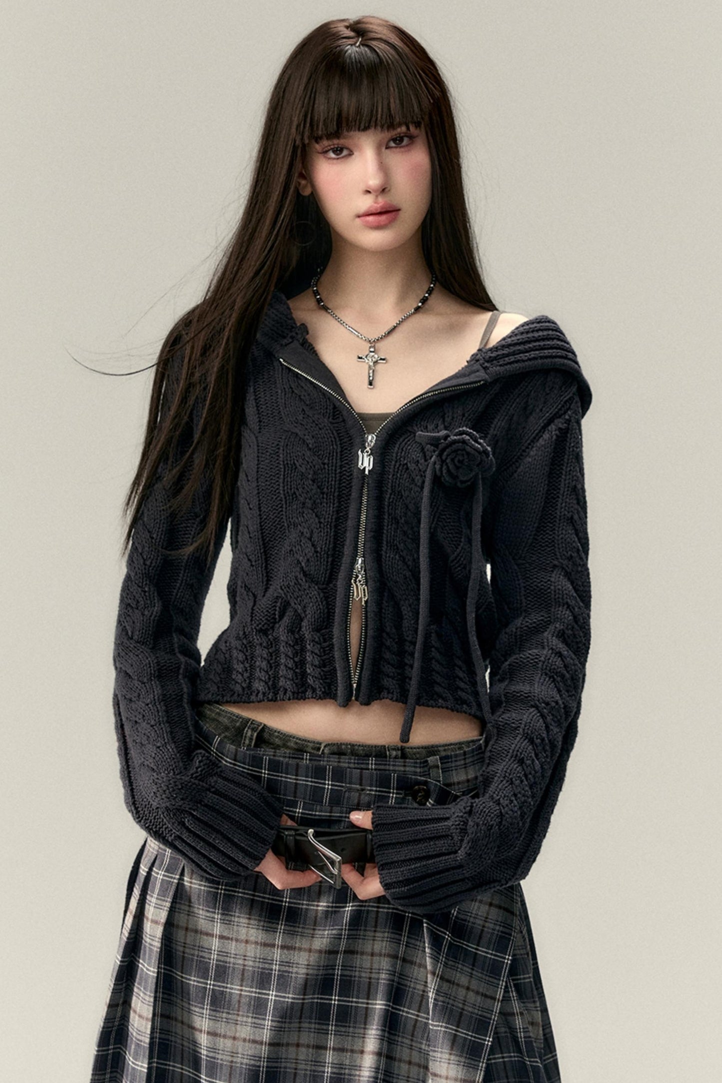 Twist Pattern Knit Sweater Jacket & Skirt Set-Up