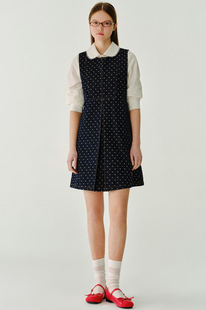 폴카 도트 민소매 데님 드레스 