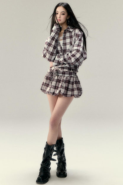 Plaid Fluffy Skirt & Shirt Set-Up