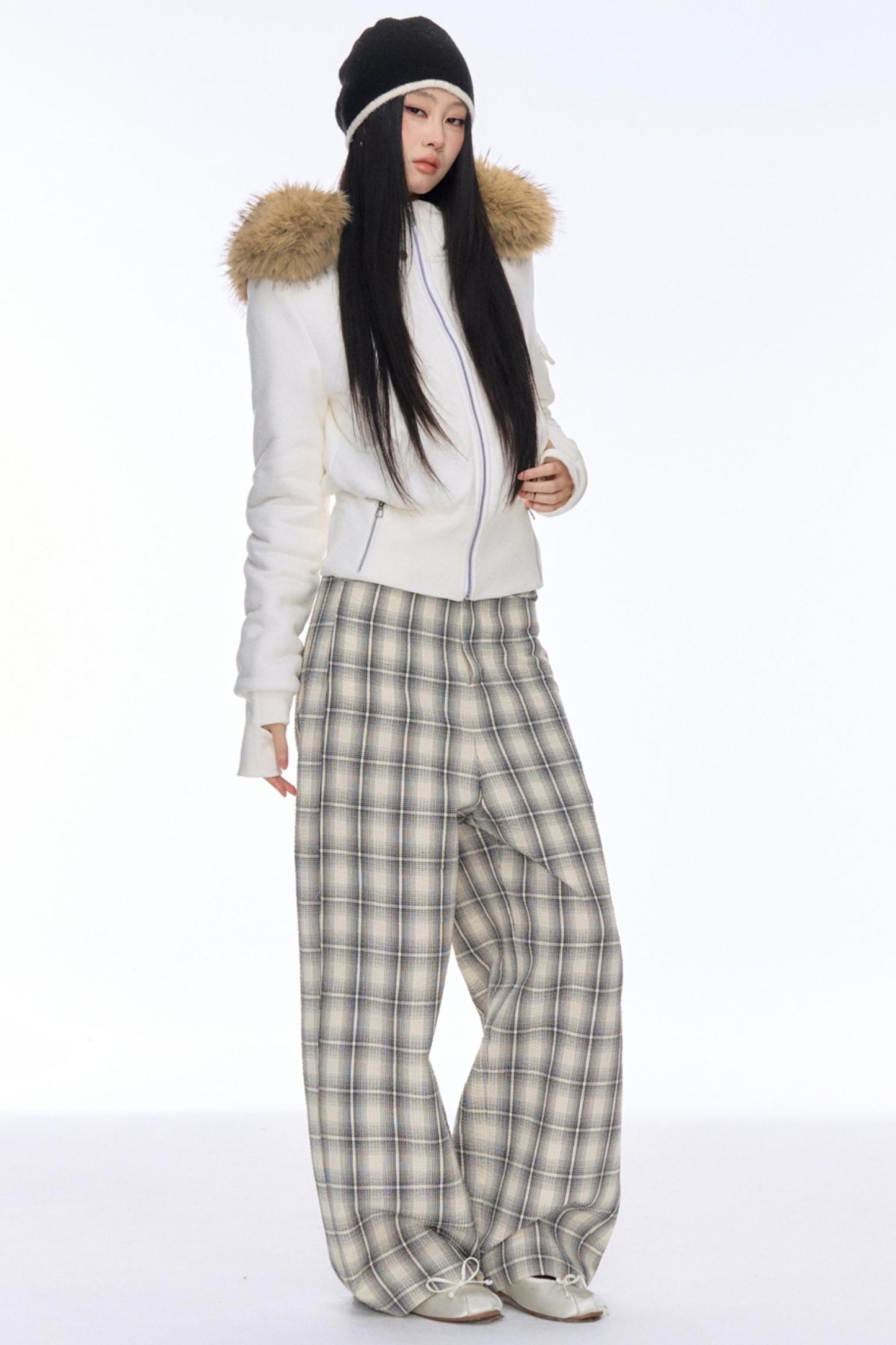 Slim Draped Plaid Wide-Leg Pants