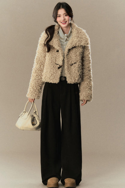 Horn Button Fur Cropped Lapel Jacket