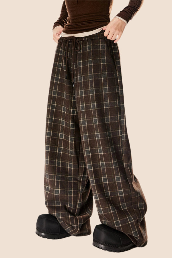 Retro Check Wide-Leg Drawstring Pants