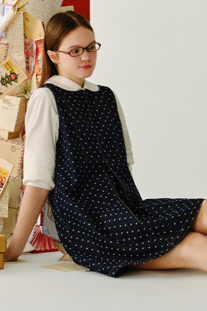 폴카 도트 민소매 데님 드레스 