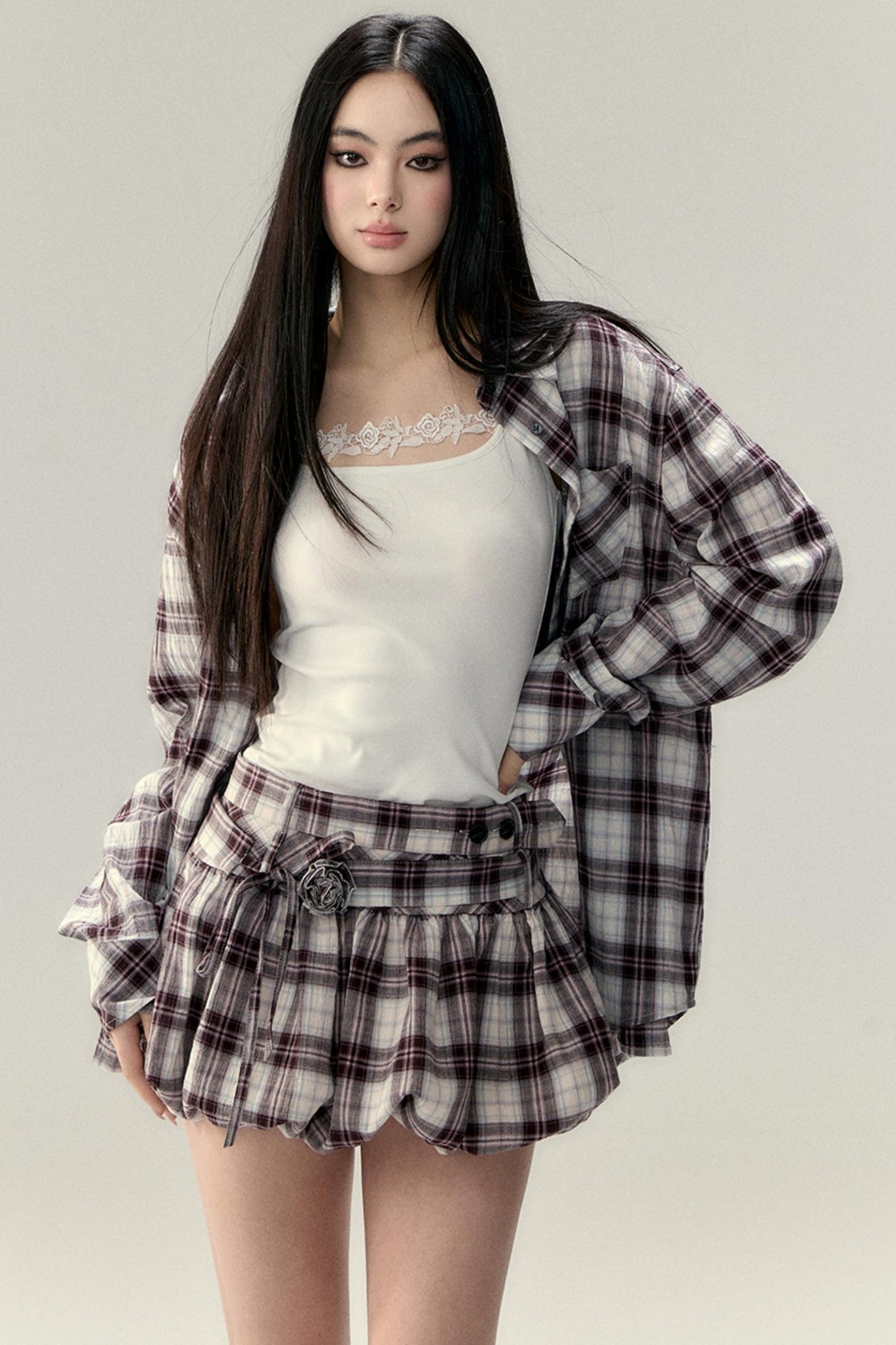 Plaid Fluffy Skirt & Shirt Set-Up