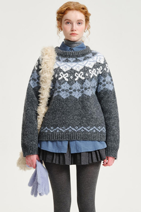 Crew Neck Wool Contrast Ribbon Knit Sweater