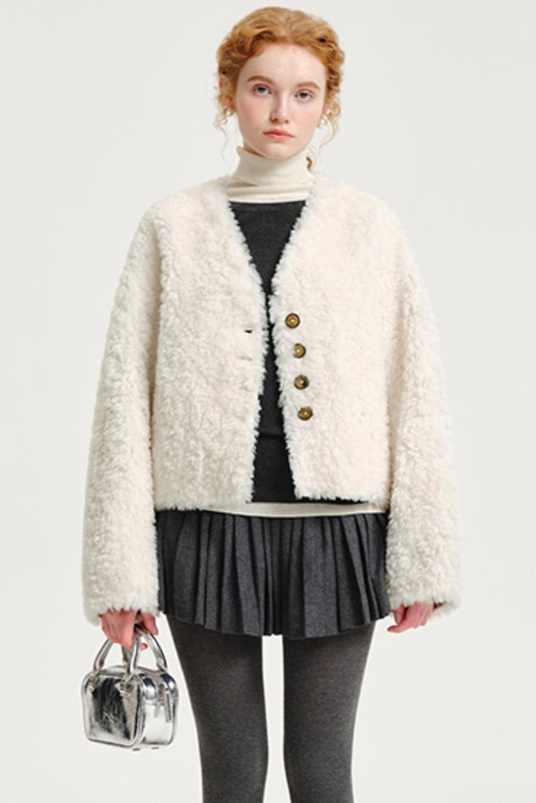 V-Neck Wool Fur Coat