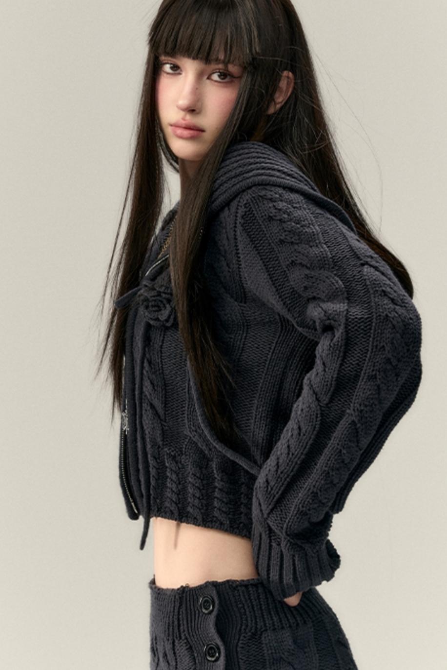 Twist Pattern Knit Sweater Jacket & Skirt Set-Up