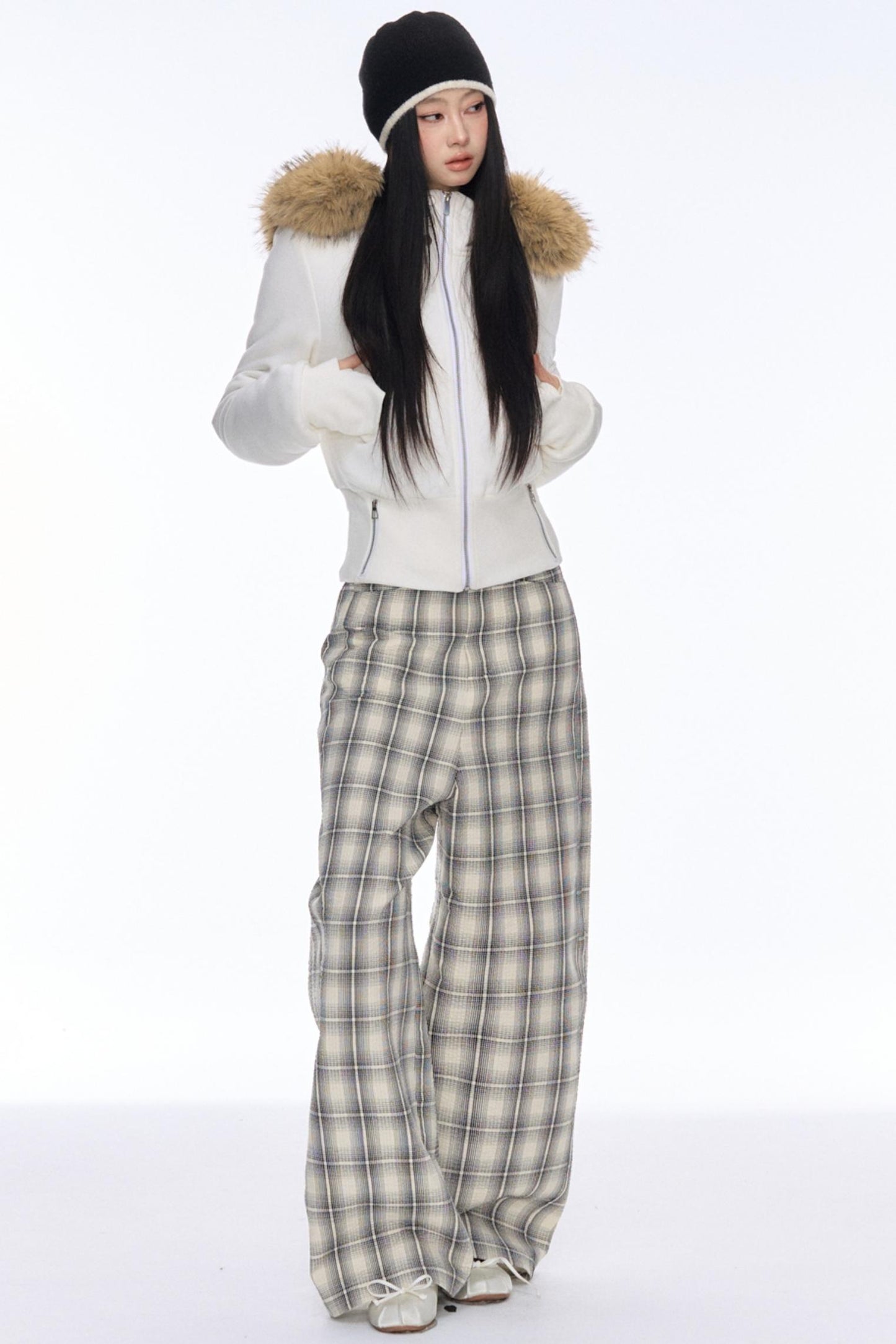 Slim Draped Plaid Wide-Leg Pants