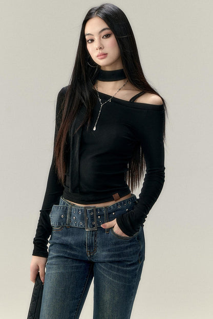 Hollowed-Out Shoulder Tencel Top