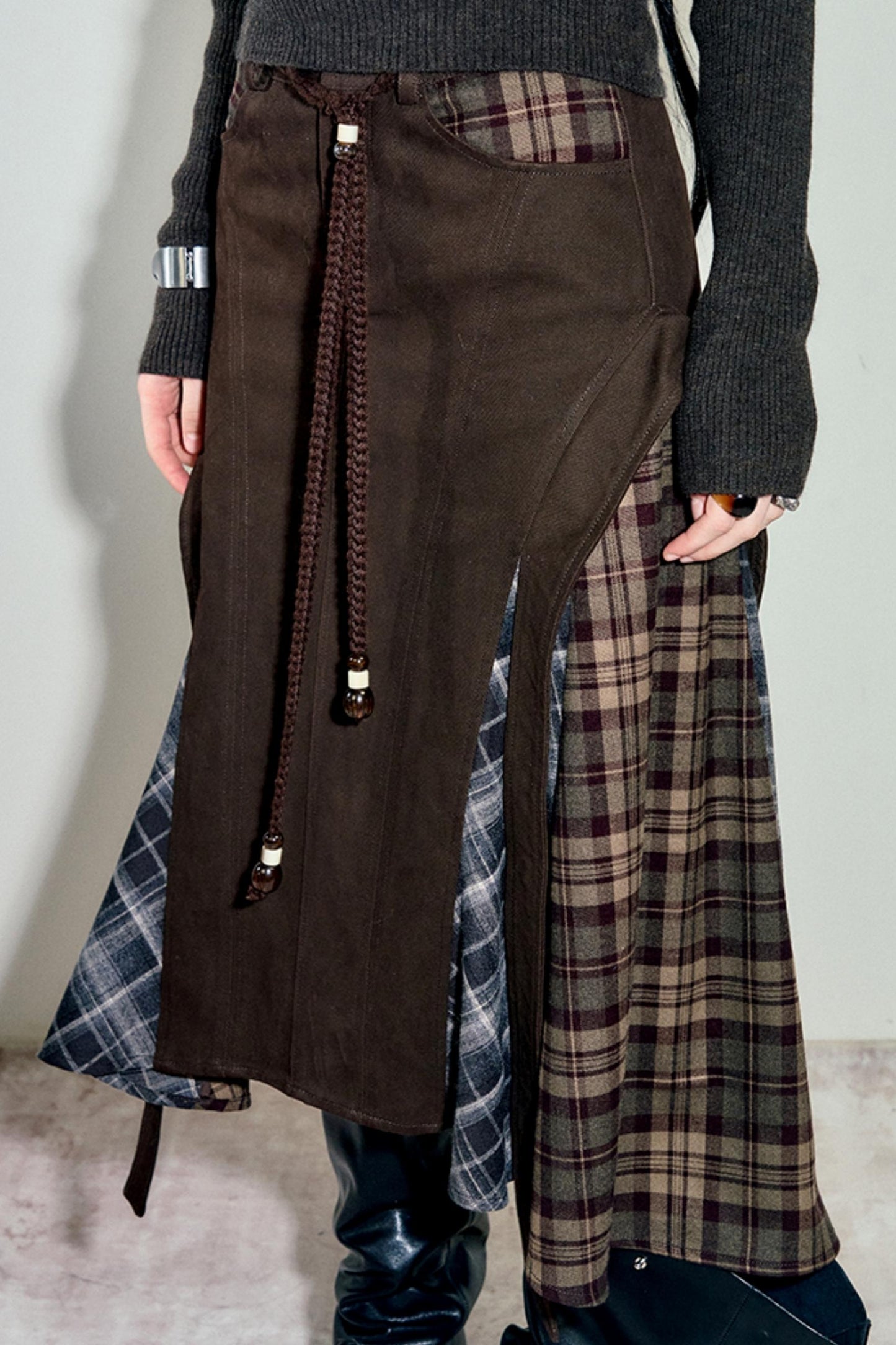 Irregular Velvet Check Long Skirt