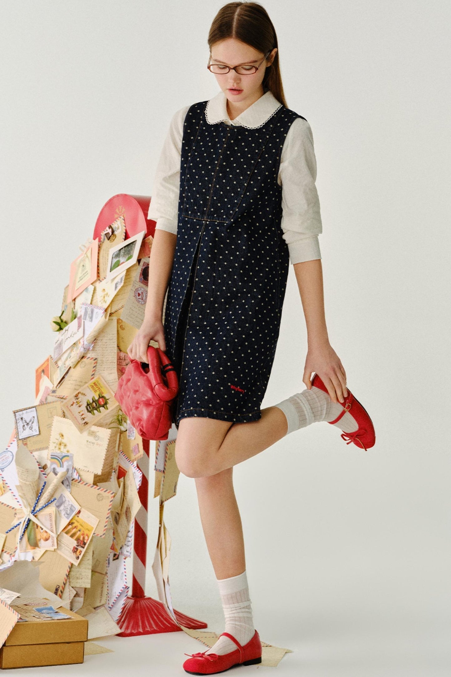 폴카 도트 민소매 데님 드레스 