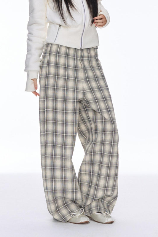 Slim Draped Plaid Wide-Leg Pants