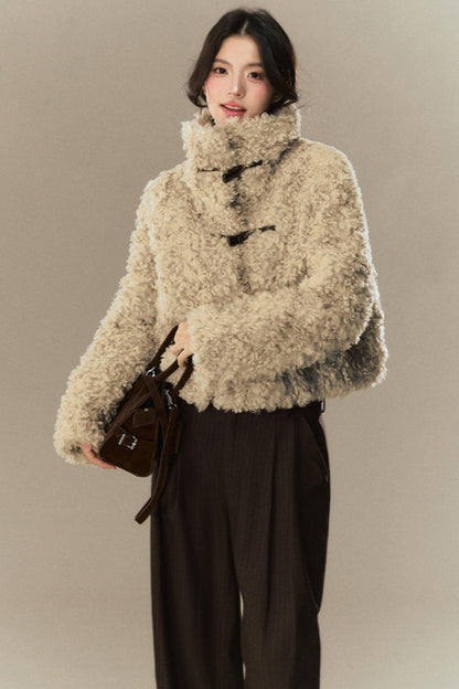 Horn Button Fur Cropped Lapel Jacket