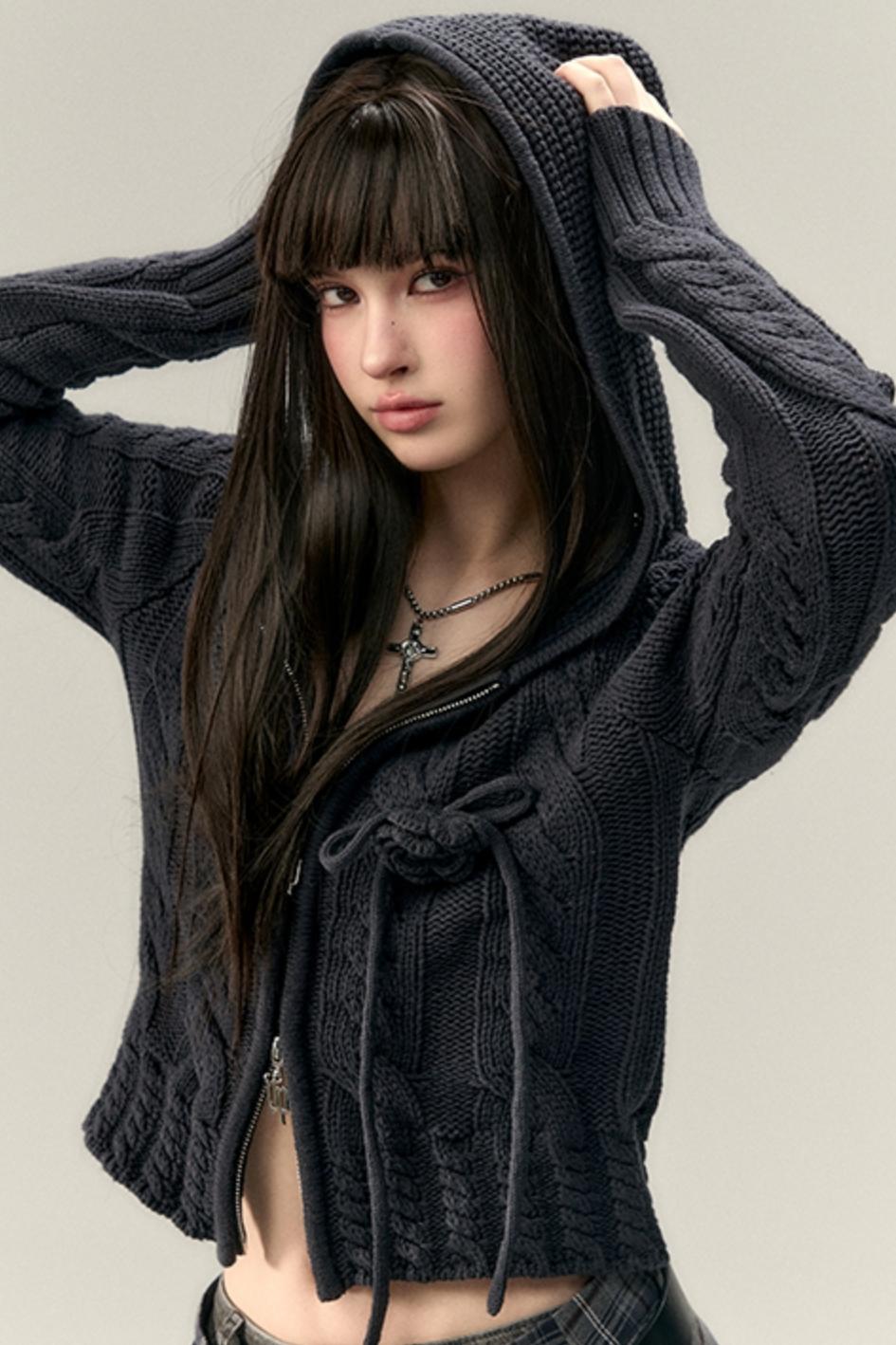 Twist Pattern Knit Sweater Jacket & Skirt Set-Up