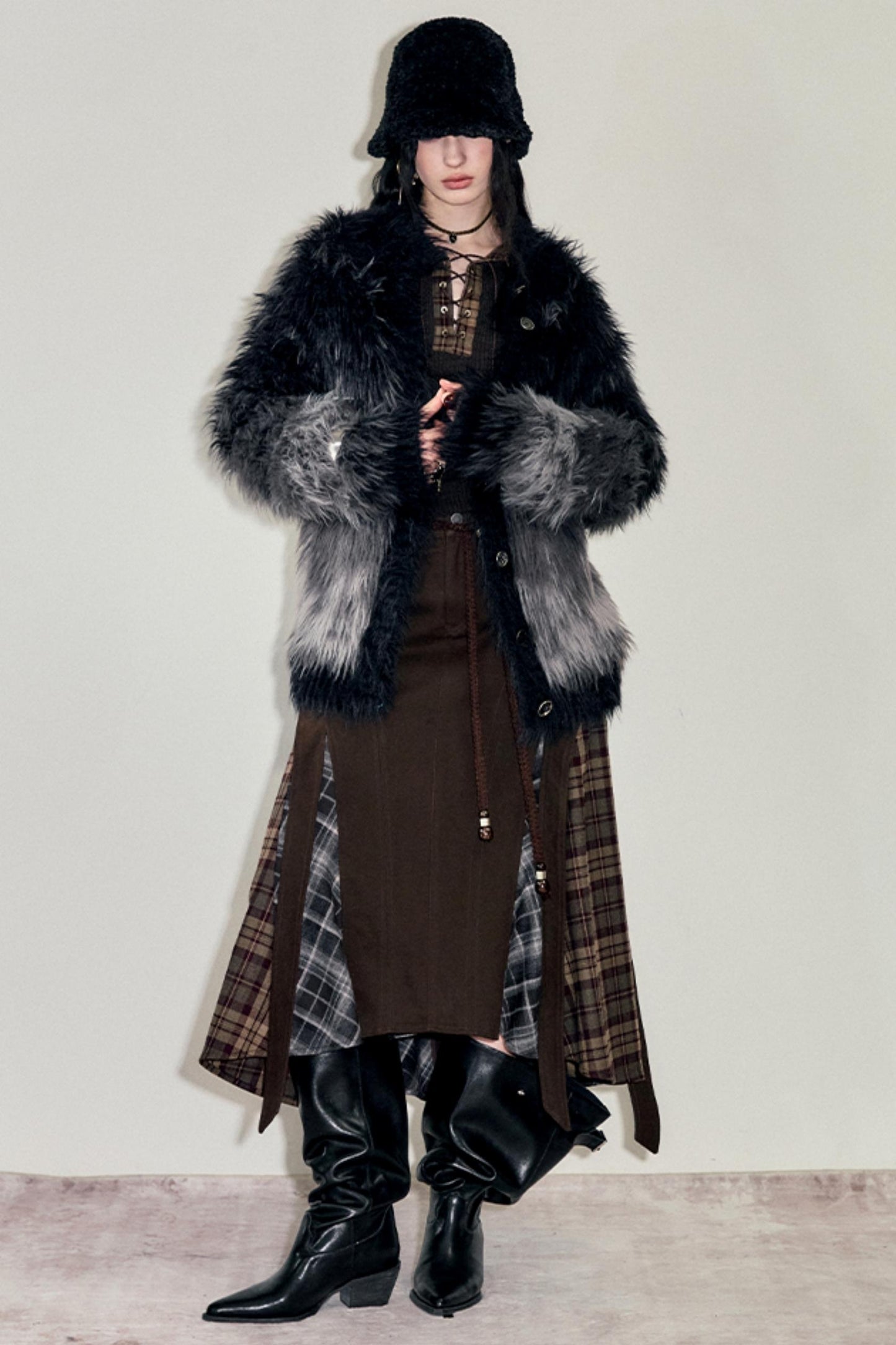 Irregular Velvet Check Long Skirt