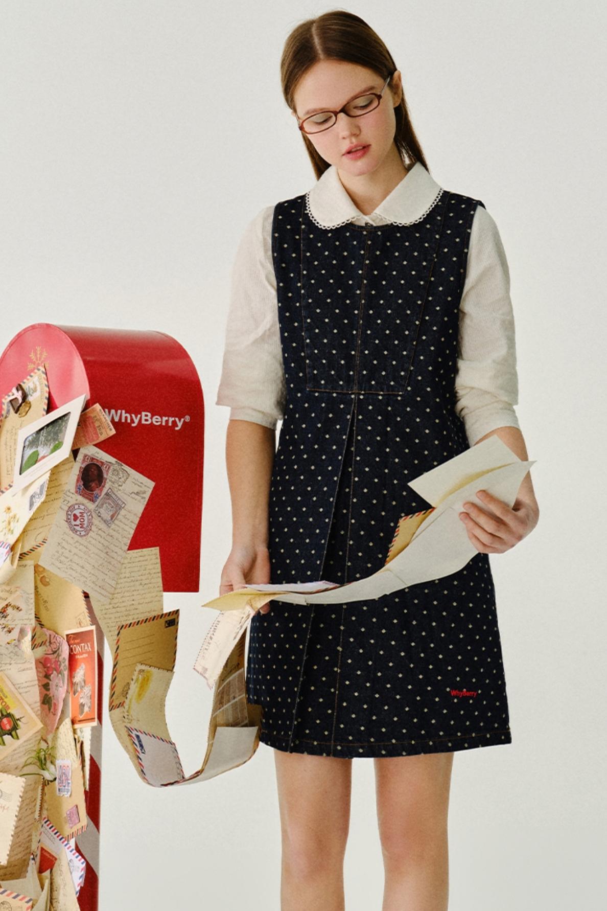 폴카 도트 민소매 데님 드레스 