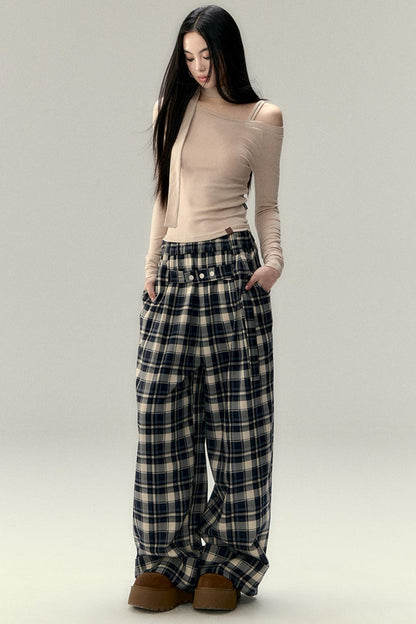 Plaid Belted Straight Leg Pants