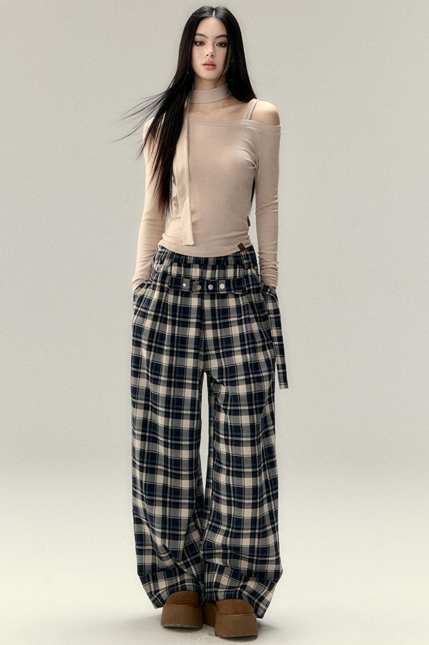 Plaid Belted Straight Leg Pants