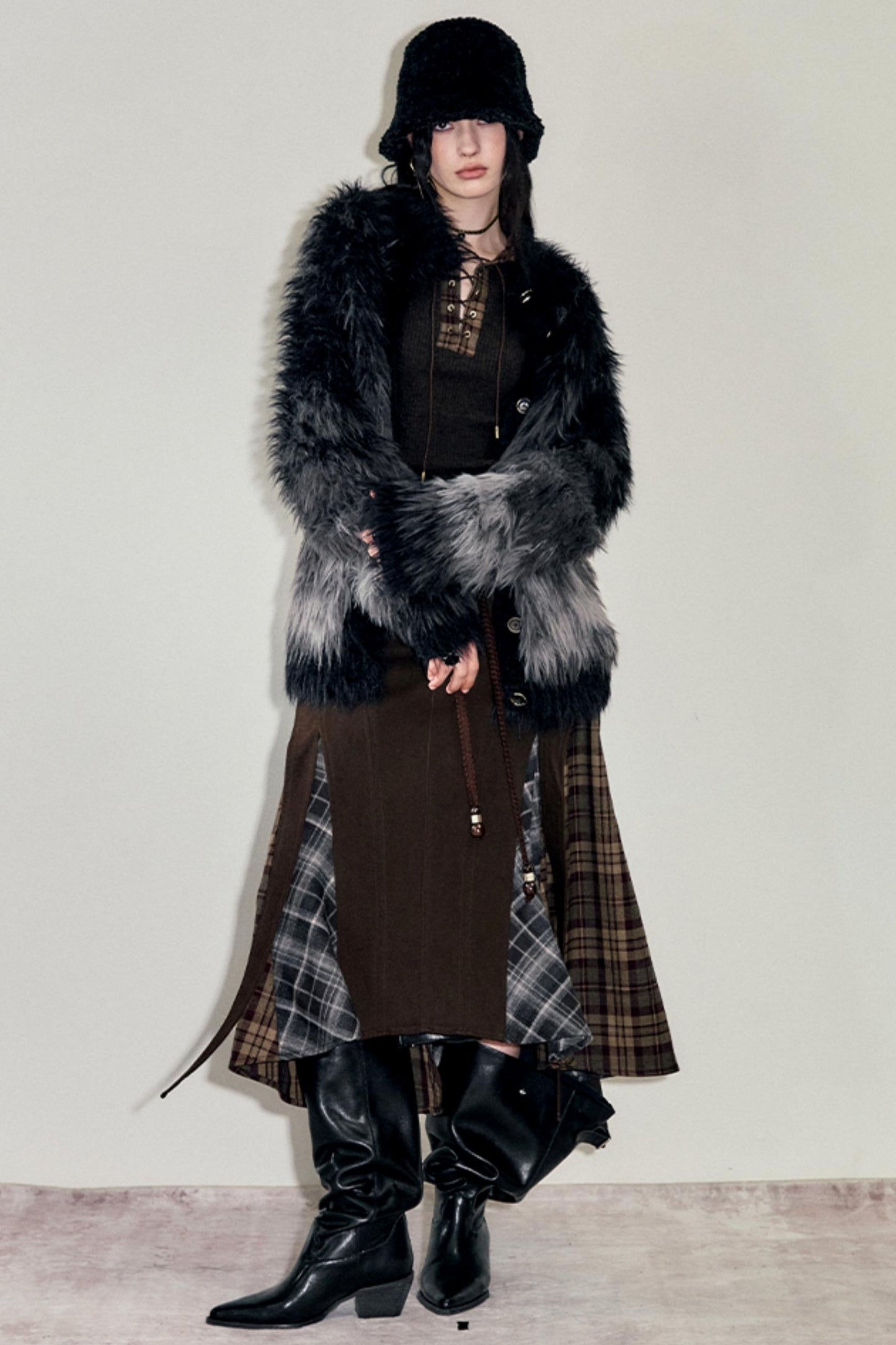 Irregular Velvet Check Long Skirt