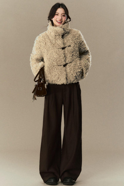 Horn Button Fur Cropped Lapel Jacket