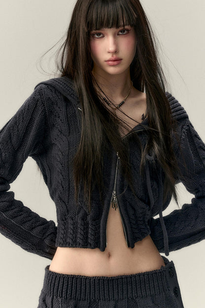 Twist Pattern Knit Sweater Jacket & Skirt Set-Up