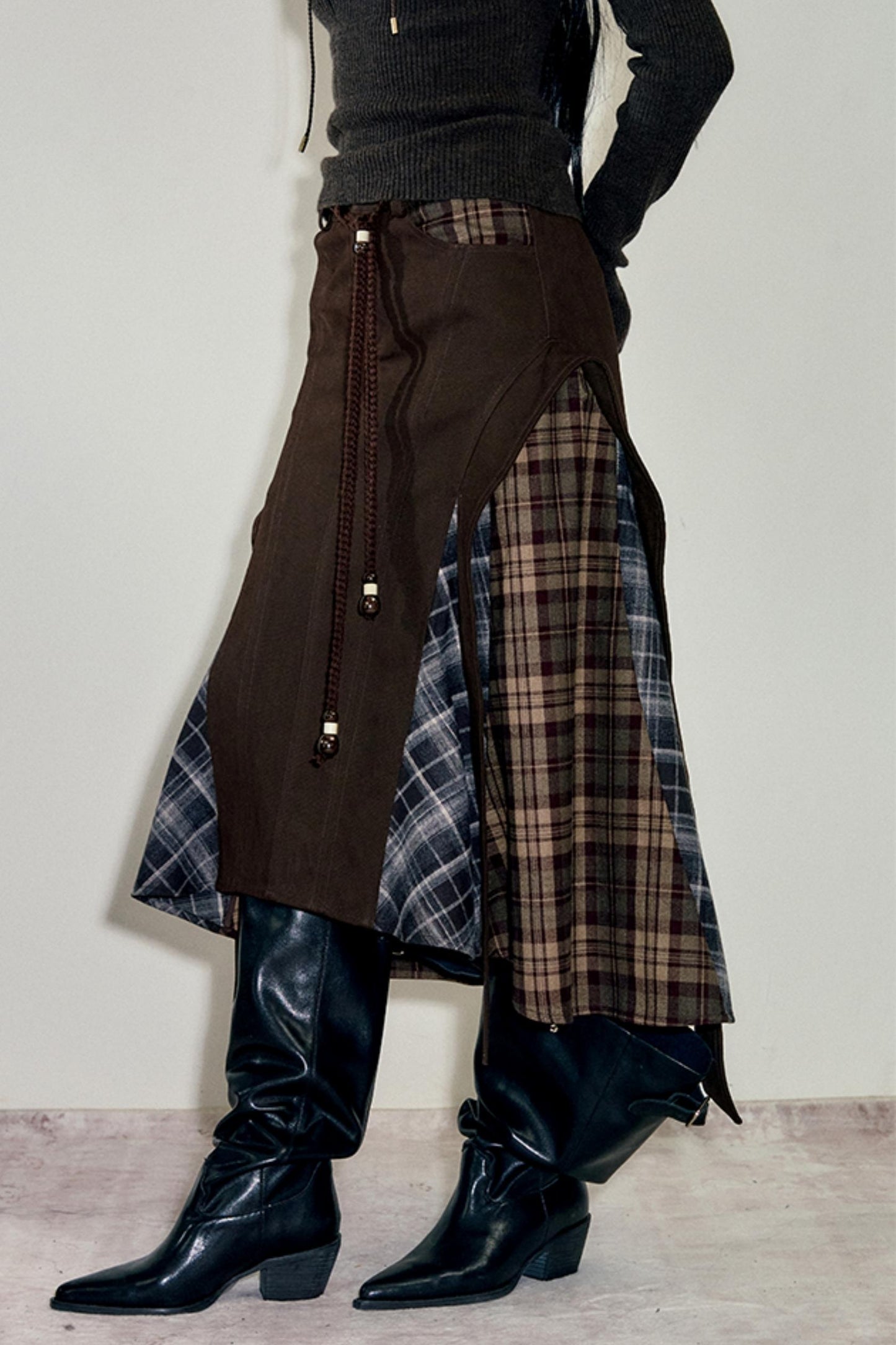 Irregular Velvet Check Long Skirt