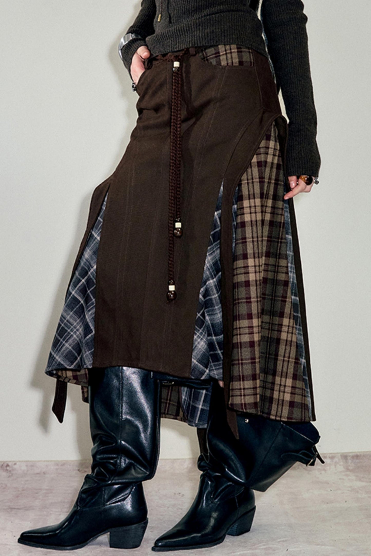 Irregular Velvet Check Long Skirt