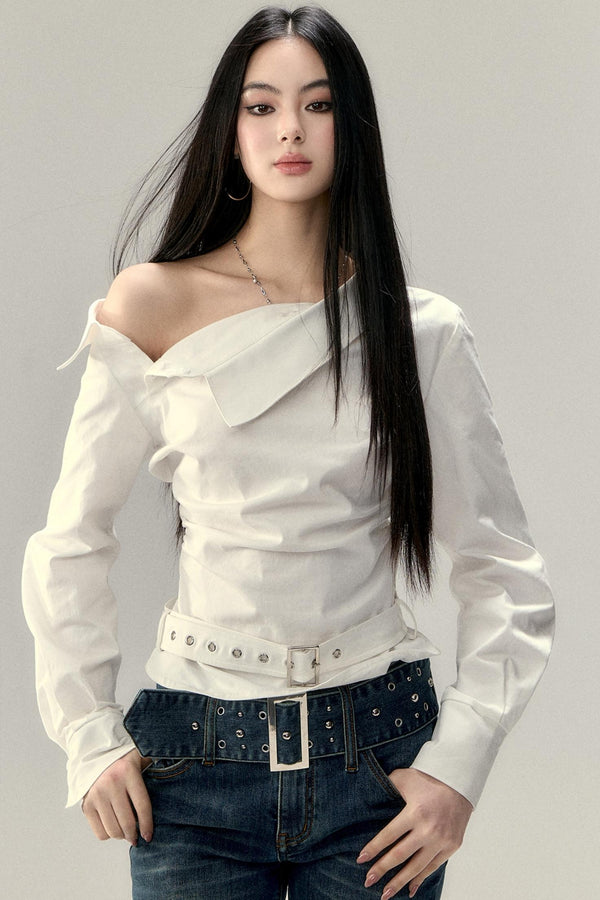 Off-Shoulder Cropped Pleated Shirt