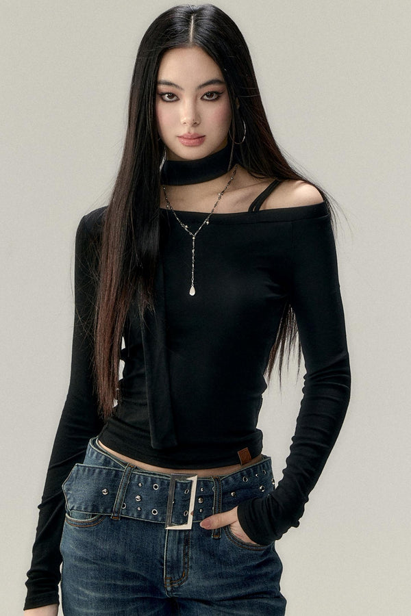 Hollowed-Out Shoulder Tencel Top