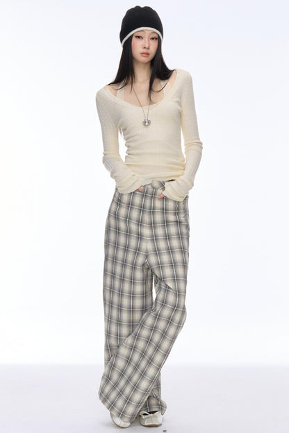 Slim Draped Plaid Wide-Leg Pants