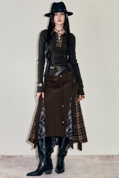 Irregular Velvet Check Long Skirt