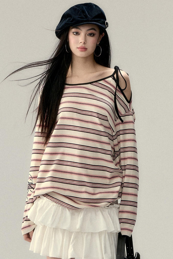 Embroidered Off-Shoulder Striped Top
