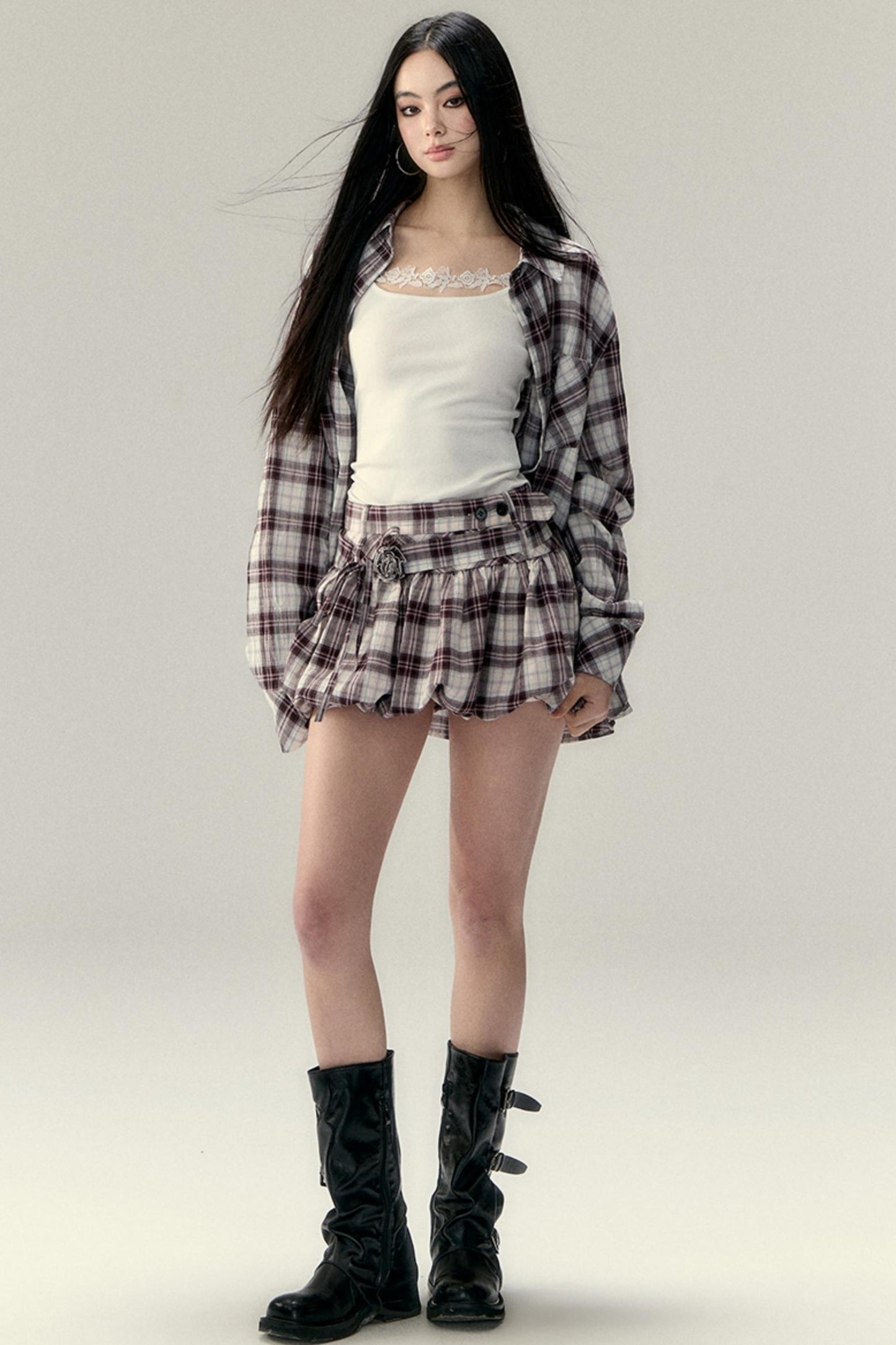 Plaid Fluffy Skirt & Shirt Set-Up
