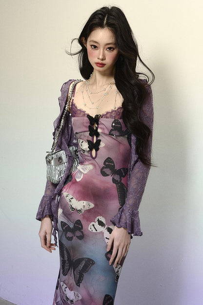 Chic Off-Shoulder Knitted Lace Dress & Coat Set-Up